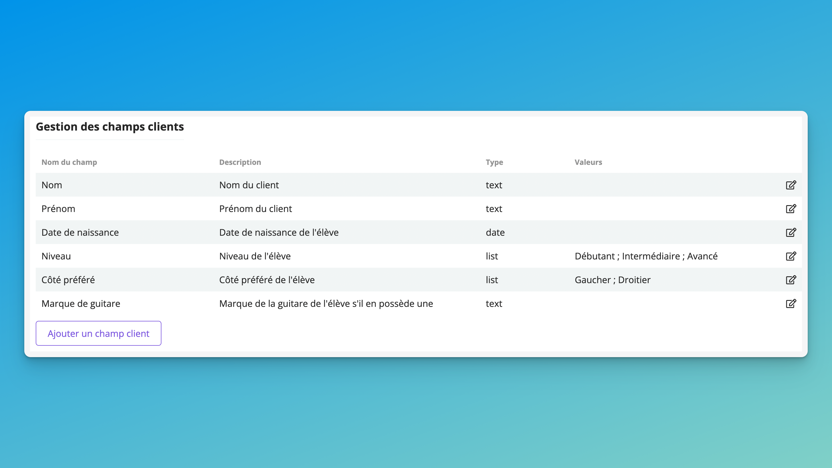 Liste des champs clients pour un prof de guitare