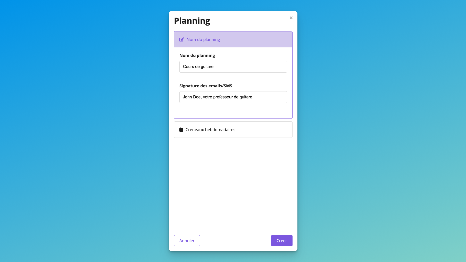 Panneau de création de planning