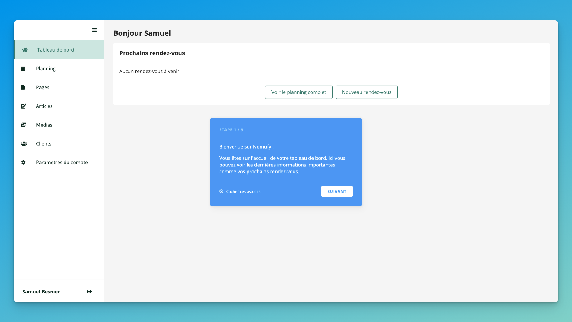 Accueil du back office