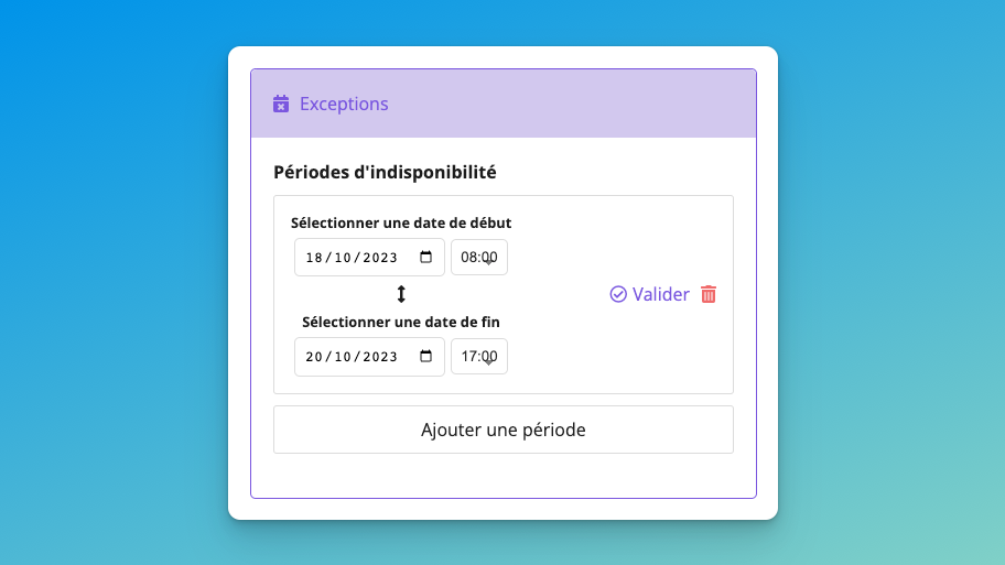 Définition d'une période d'exception