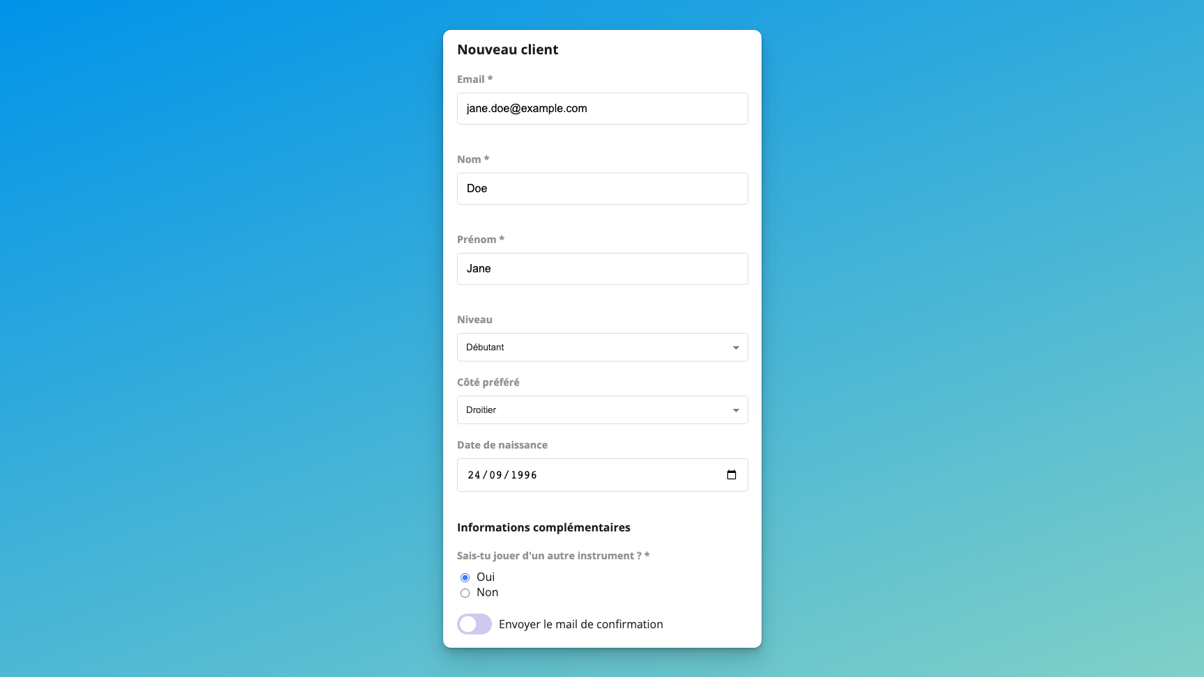 Nouveau client pour rendez vous