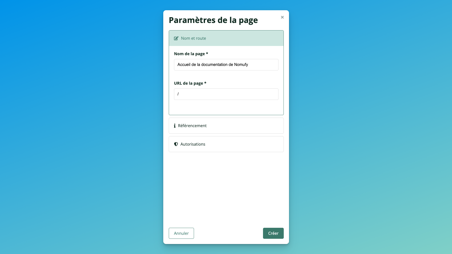 Formulaire de création de page